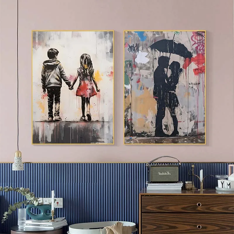 Banksy graffiti menino menina  - Street Fashion Poster avaliação e preço